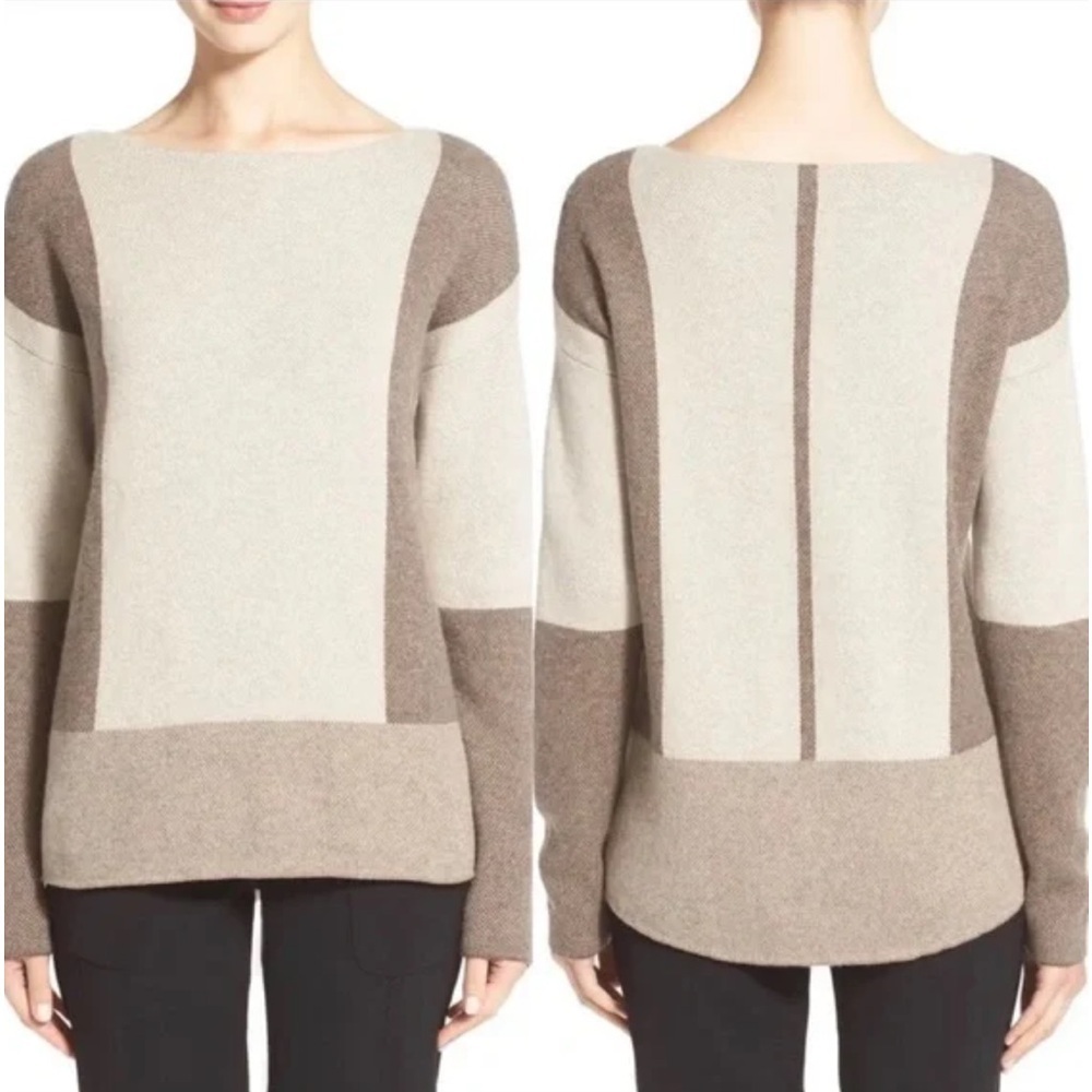 Vince color block scoop neck sweater brown beige size large wool cashmere blend